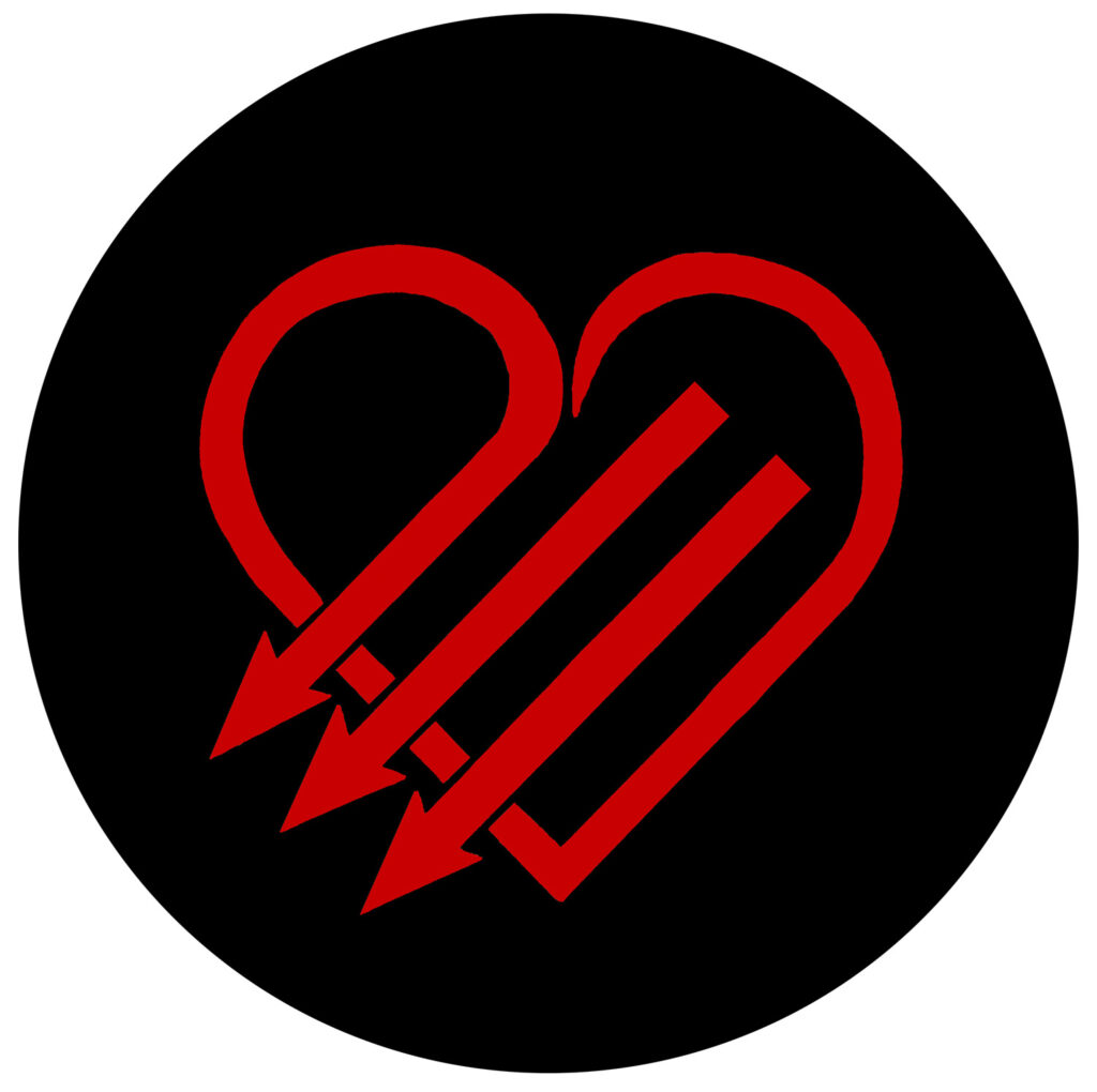 A black circle with a red heart with three arrows through it. Image from JustSeeds.org