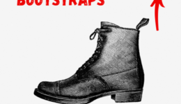 A line art image of a boot with bootstraps written in red above it and an arrow pointing upwards. Indicating "pull yourself up by your bootstraps"