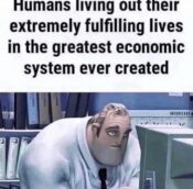 Top text: "Humans living out their extremely fulfilling lives in the greatest economic system ever created." Image at bottom of Mister Impossible hunched over and looking sad at his computer terminal.